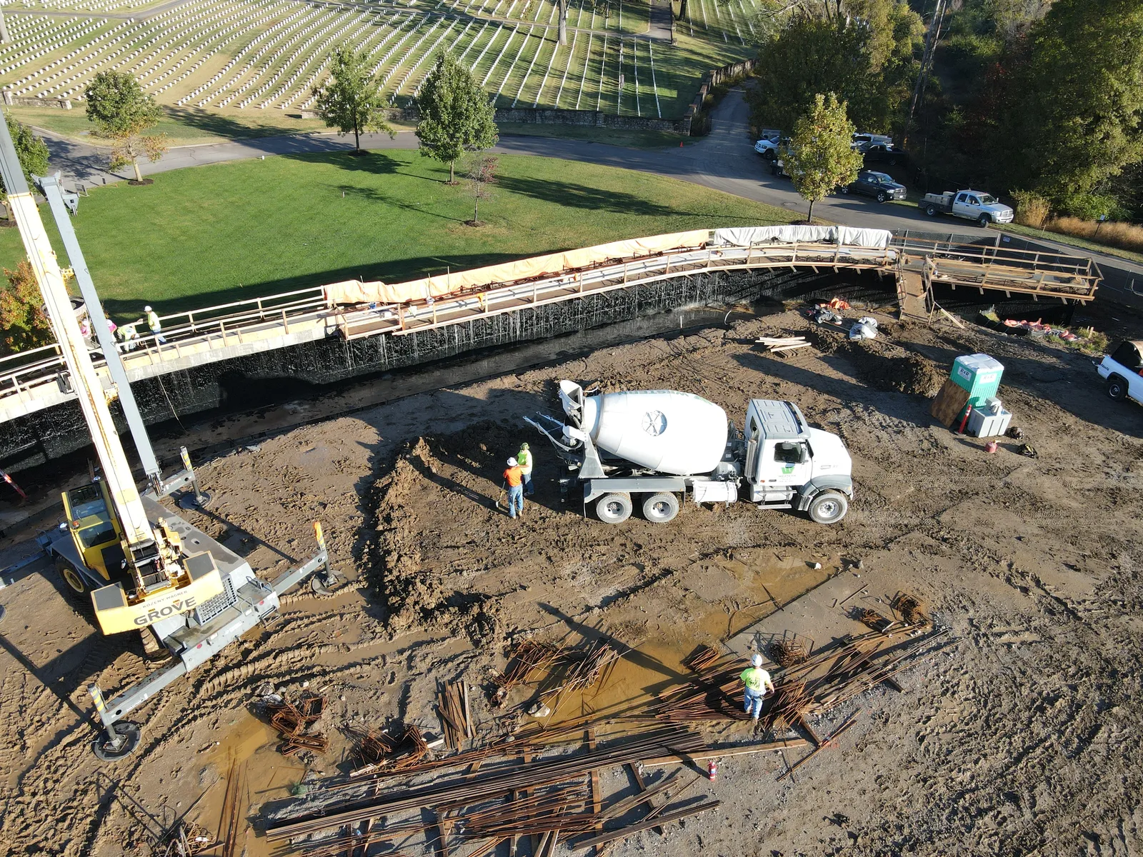 Aerial view of RKE crane and concrete operations on a federal project